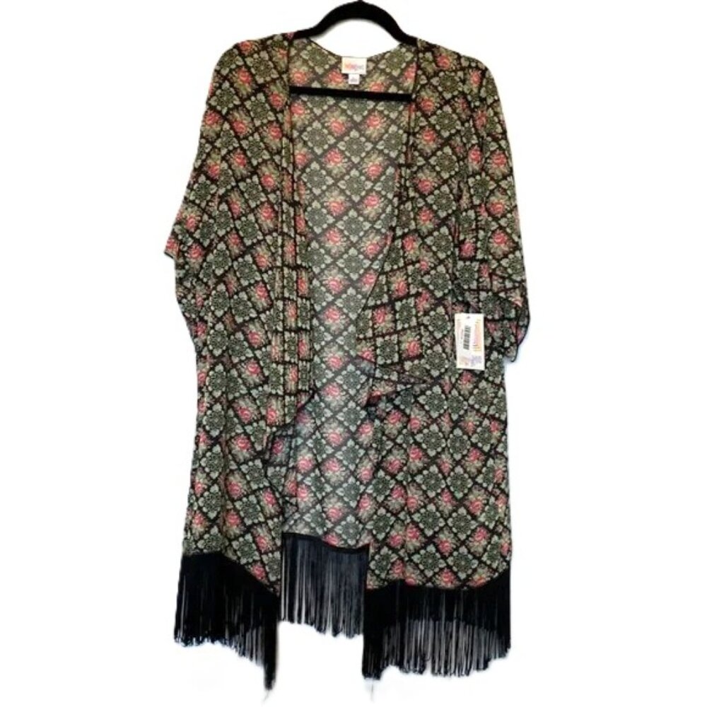 LuLaRoe Monroe Kimono Size Large Floral Roses Green Black Pink NWT